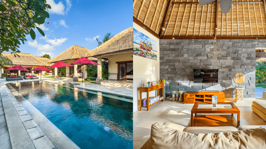 Villa Bugis exterior view with a serene private pool, surrounded by traditional Balinese architecture and vibrant red umbrellas under a bright sky, alongside a spacious, elegantly furnished living area with natural stone accents and high thatched ceilings.