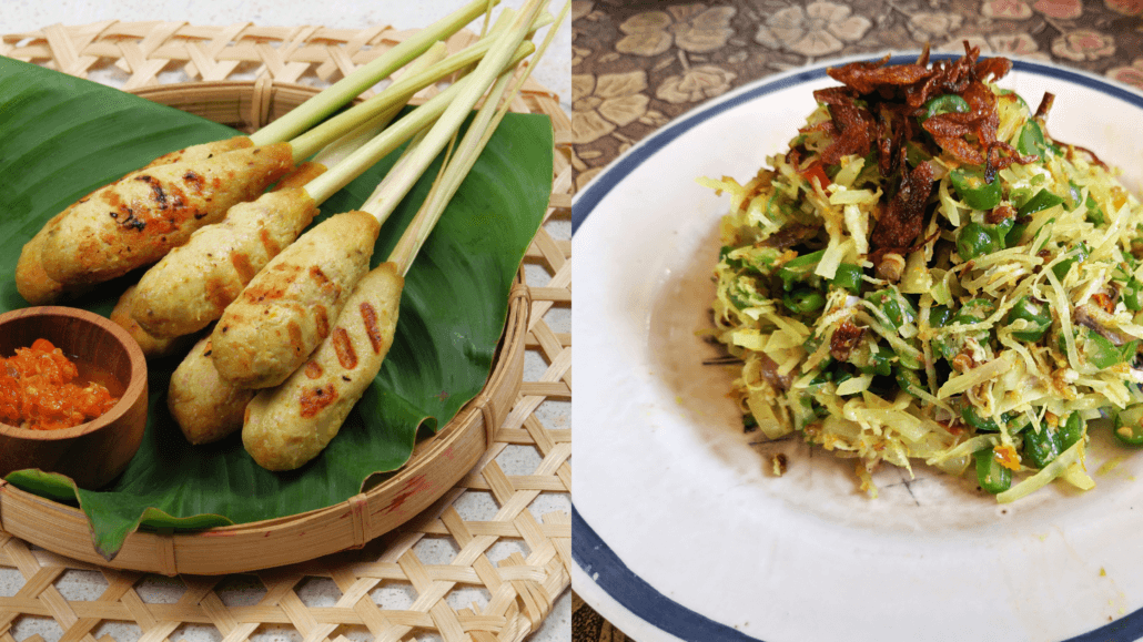 Balinese cuisine featuring Sate Lilit, grilled minced fish skewers, and spices served on a decorative plate.