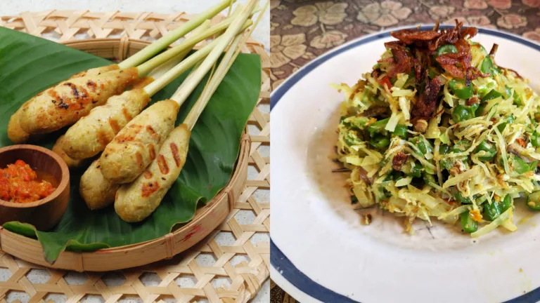 Balinese cuisine featuring Sate Lilit, grilled minced fish skewers, and spices served on a decorative plate.