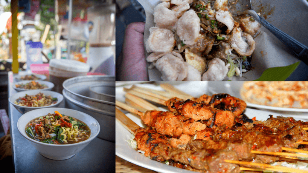 Various street food dishes served in Seminyak, including satay skewers, bakso, and fried snacks.