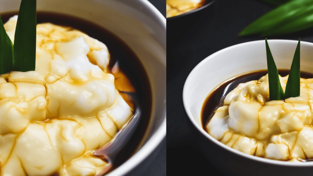 Balinese dessert Bubur Sumsum, a creamy rice flour pudding drizzled with palm sugar syrup and garnished with a pandan leaf, served in white bowls. 