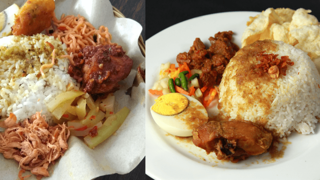 Two examples of what is nasi campur, the Indonesian mixed rice meal, served with a variety of toppings like shredded chicken, sambal, fried chicken, boiled egg, beef rendang, and vegetables.