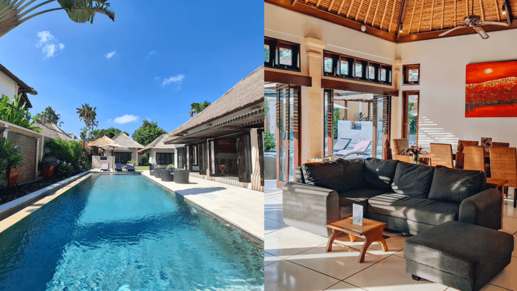 A side-by-side view of a luxurious villa’s private pool under a sunny blue sky and the cozy, stylish interior featuring open-plan living, wicker furniture, and tropical accents.