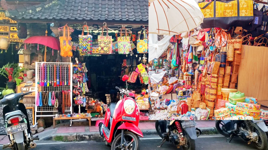 Traditional Balinese market in Seminyak, Bali, displaying colorful handmade bags, woven baskets, and souvenirs, with scooters parked outside.