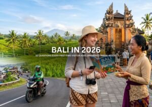Bali in 2026 travel guide for first-time visitors showing tropical sunset beach, Seminyak villas, and palm-lined coastline