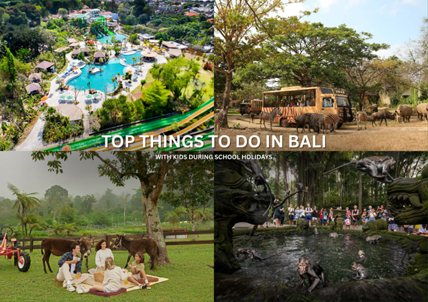 kids enjoying fun activities in Bali during family school holiday with waterparks safari and indoor theme park experiences