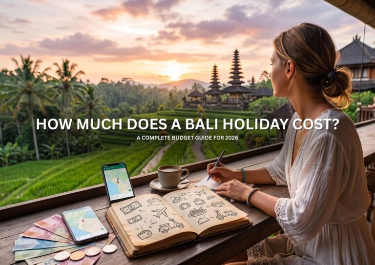 Bali holiday budget guide 2026 with a private villa, tropical garden, and swimming pool in Seminyak
