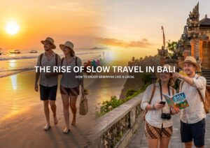 Couple enjoying a peaceful sunrise walk on Seminyak Beach during their slow travel in Bali experience.