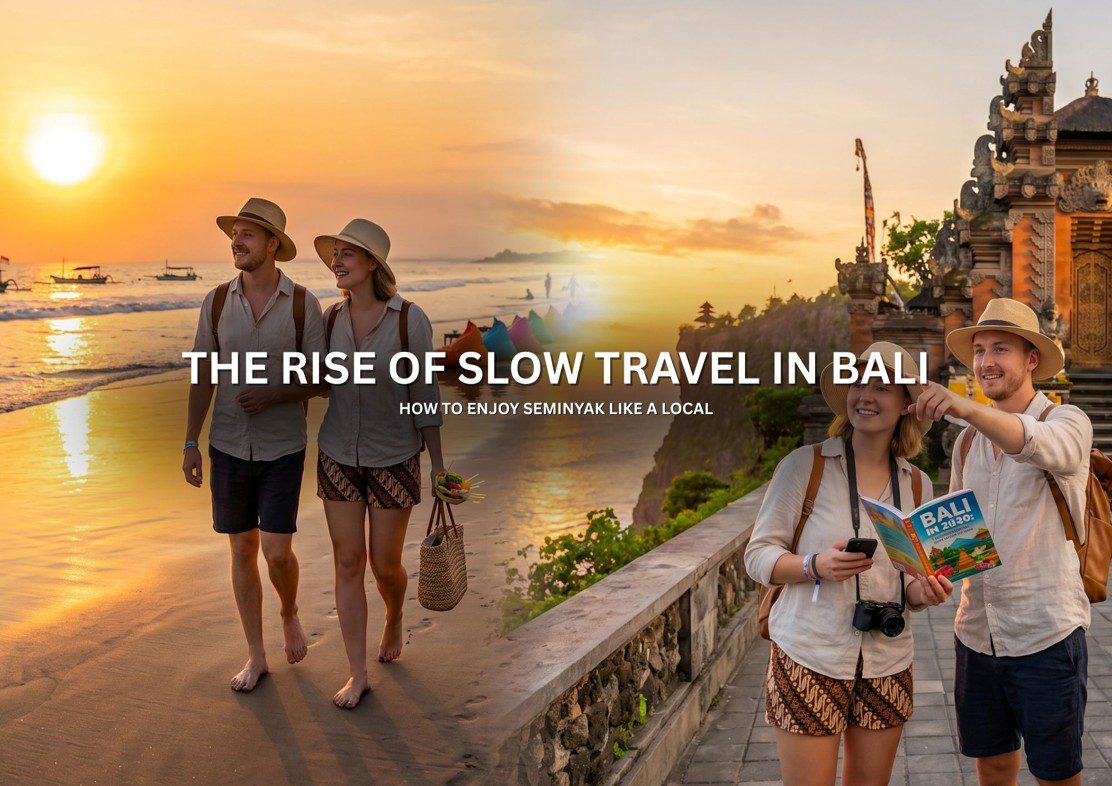 Couple enjoying a peaceful sunrise walk on Seminyak Beach during their slow travel in Bali experience.