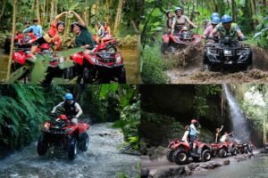 Family enjoying an ATV adventure in Ubud, one of the popular family attractions in Bali