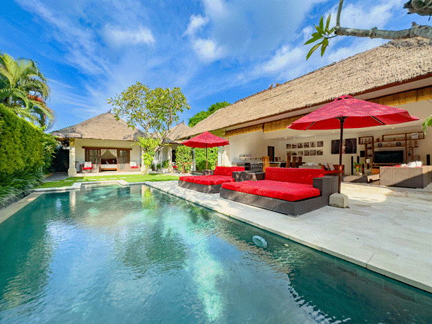 Private pool villa in Seminyak surrounded by lush garden at Villa Bugis