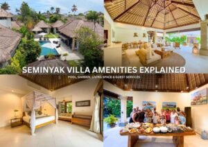Private pool, tropical garden and open-air living space at a Seminyak villa in Bali.