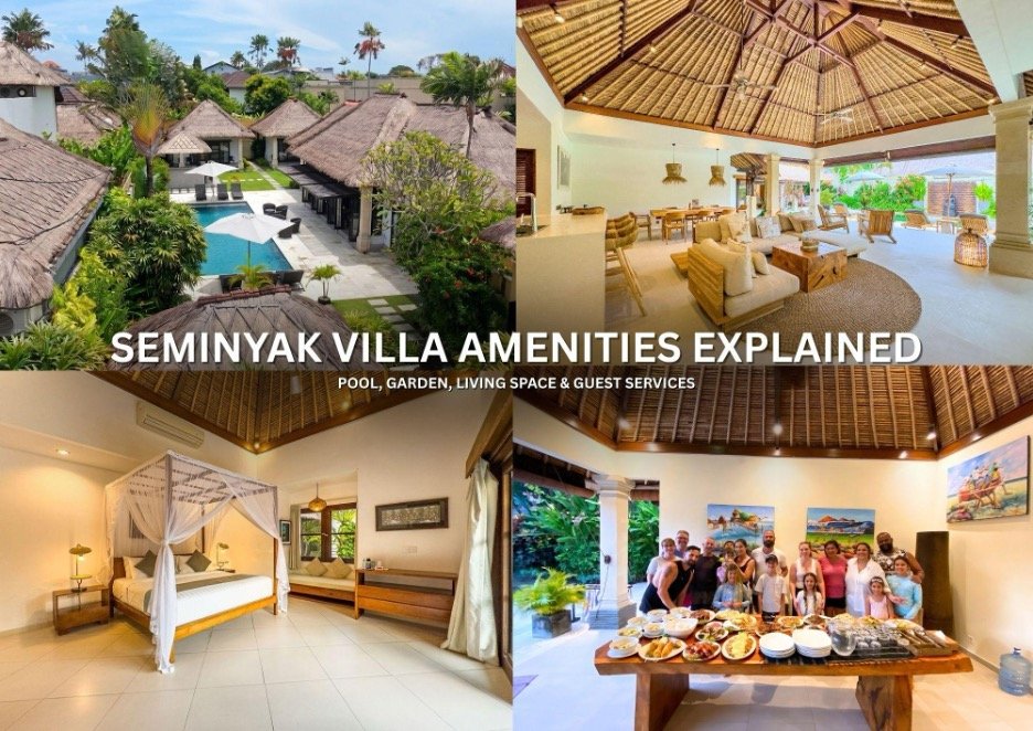 Private pool, tropical garden and open-air living space at a Seminyak villa in Bali.