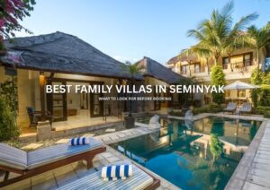 Family enjoying a spacious private pool villa in Seminyak with a large garden and swimming pool near Seminyak Beach