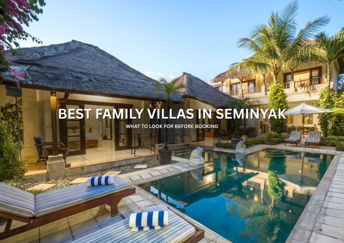 Family enjoying a spacious private pool villa in Seminyak with a large garden and swimming pool near Seminyak Beach