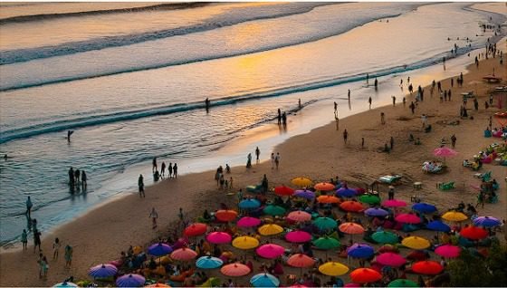 Sunset view at Seminyak Beach Bali near private villas and beachfront bars 