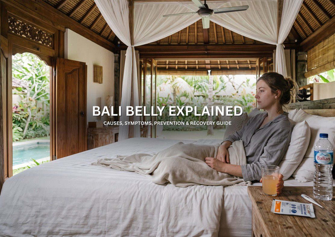 Tourist recovering from Bali Belly while staying in a private villa in Bali with bottled water and oral rehydration solution