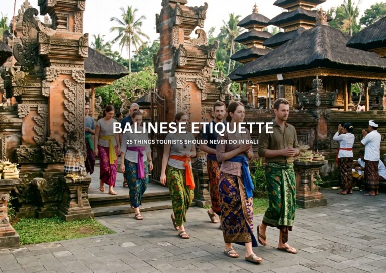 Tourists wearing traditional sarongs while visiting a Balinese temple and respecting local customs in Bali