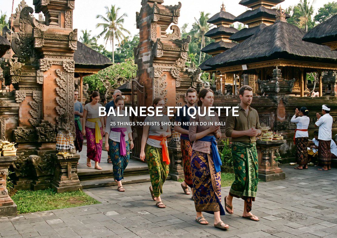 Tourists wearing traditional sarongs while visiting a Balinese temple and respecting local customs in Bali