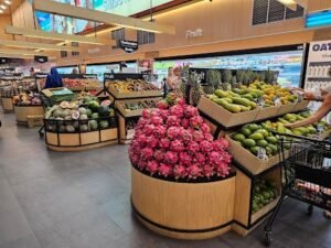 Fresh produce section inside Bintang Supermarket in Seminyak, featuring tropical fruits — just a 6-minute walk from Villa Cemara & Villa Alore, perfect for guests who value convenience and easy access to daily needs.
