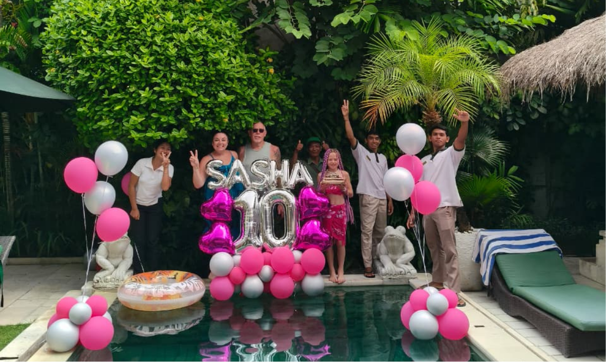 Birthday celebration set up beside the private pool at a Villa Bugis villa in Seminyak