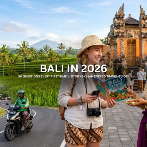 Bali in 2026 travel guide for first-time visitors showing tropical sunset beach, Seminyak villas, and palm-lined coastline