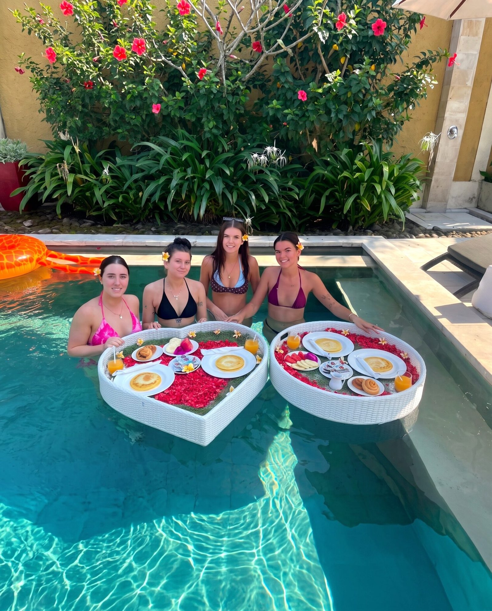 Four young women posing in the swimming pool with two decorated heart-shaped floating breakfast trays at Villa Gembira in Seminyak.