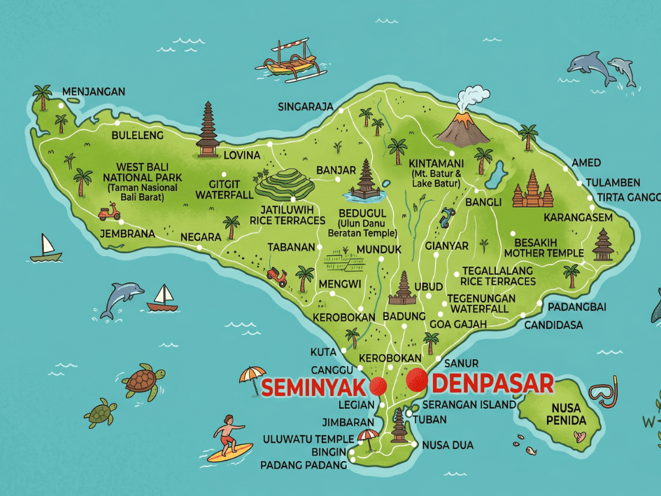 Map of Bali highlighting Seminyak's location on the southwest coast, near Ngurah Rai International Airport