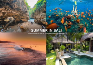 Summer in Bali with tropical beach, sunset view, and private villa with pool in Seminyak