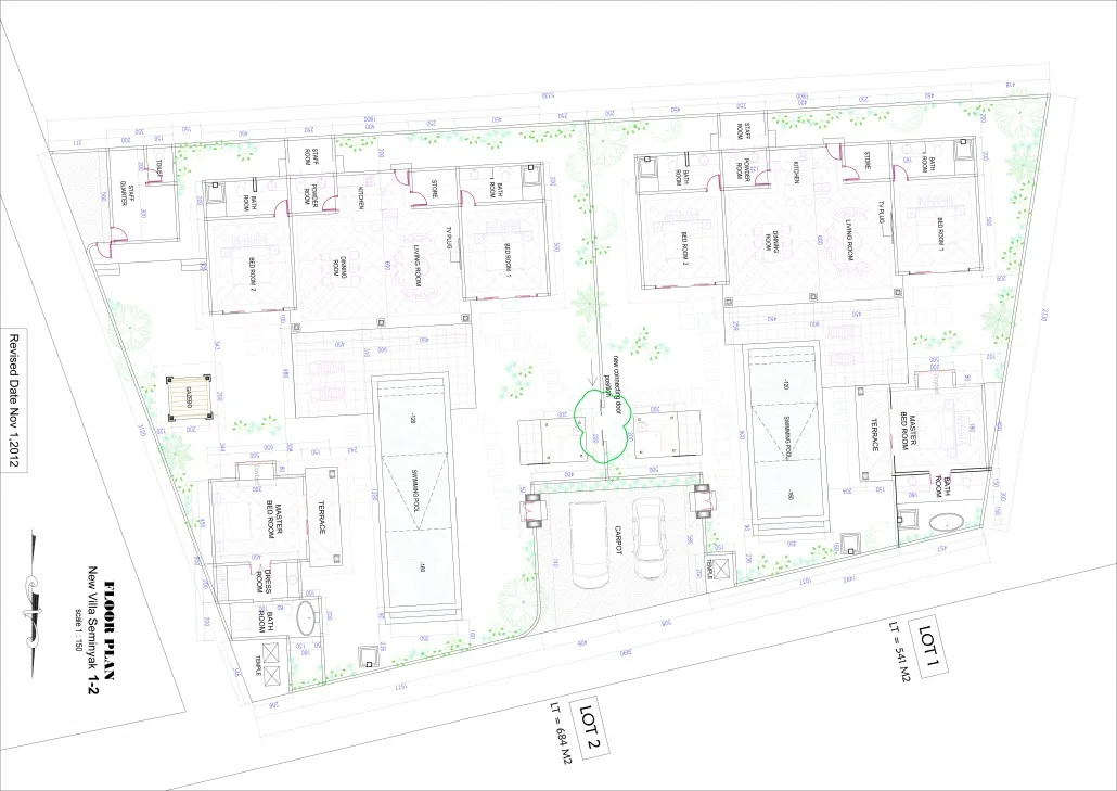 Detailed 6-bedroom floor plan diagram showing the layout of rooms, pool, spa, and living areas at Villa Alore Seminyak by Villa Bugis Seminyak villas.