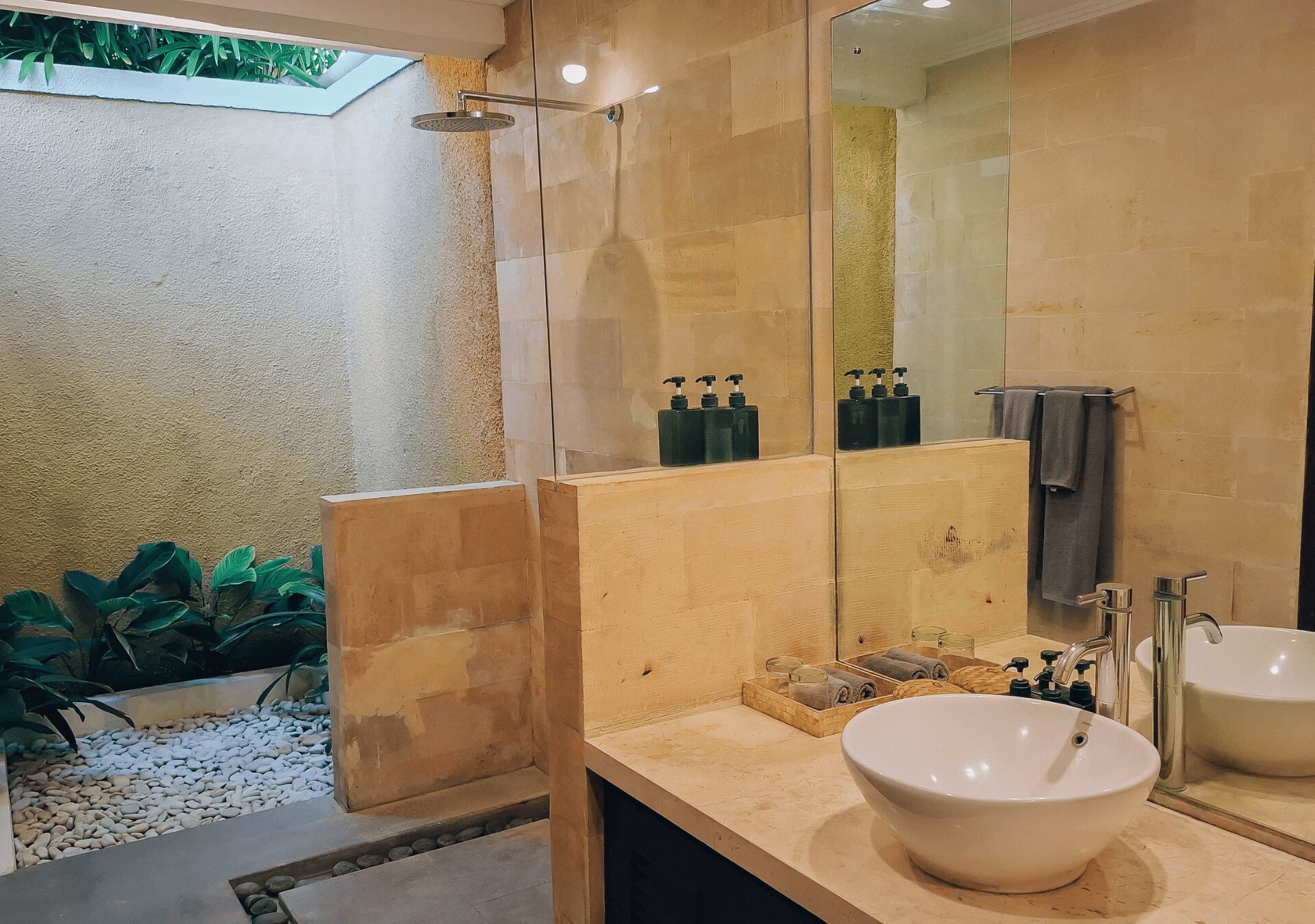 Ensuite tropical shower room for bedroom 3 at Villa Gembira Seminyak by Villa Bugis villa Seminyak.