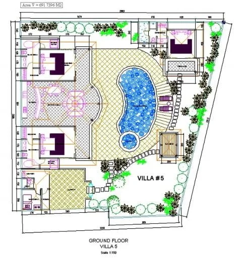 Architectural layout and 4-bedroom floor plan diagram of Villa Ginger Seminyak by Villa Bugis, showing room distribution for this villa Seminyak.