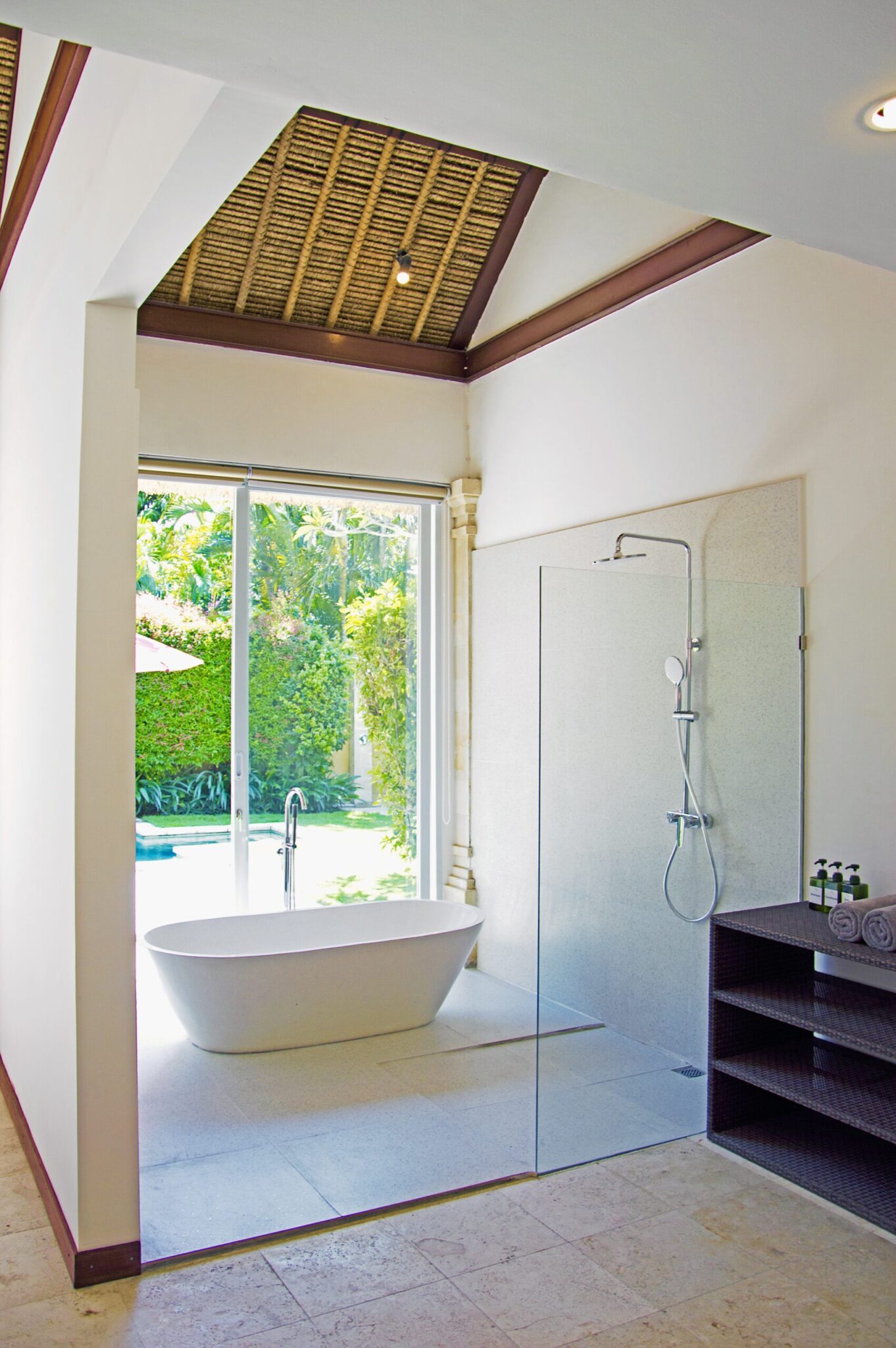 Ensuite luxury bathroom in the master suite at Villa Jaclan Seminyak by Villa Bugis, featuring a beautiful semi-open tropical design villa Seminyak.