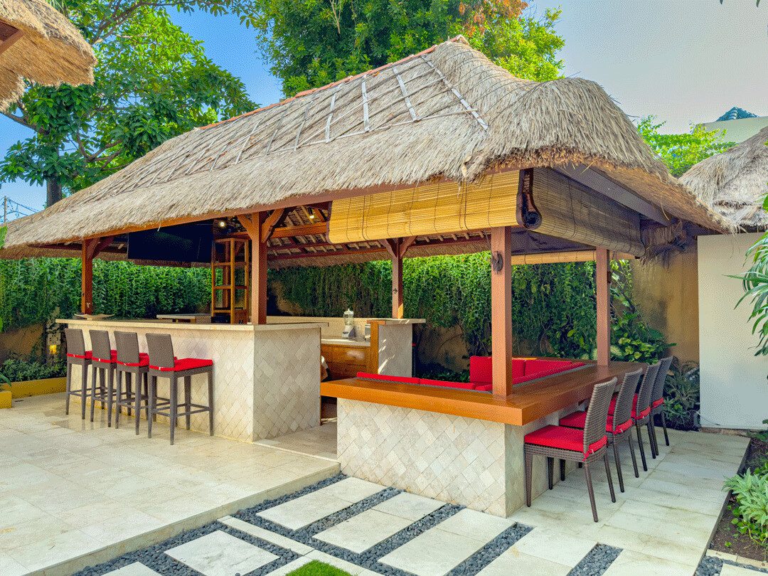 Spacious cooking prep and counter space inside the open-air kitchen pavilion at Villa Jaclan Seminyak by Villa Bugis Seminyak villas.