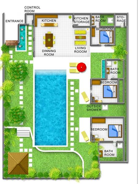Architectural layout and 3-bedroom floor plan diagram of Villa Kebun Seminyak by Villa Bugis, showing the room distribution for this villa Seminyak.