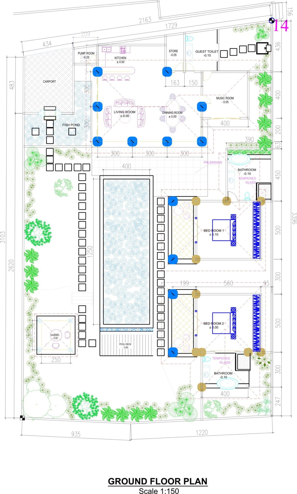 Detailed floor plan map showing the exact arrangement of bedrooms, pool, and living areas at Villa Kebun Seminyak by Villa Bugis Seminyak villas.