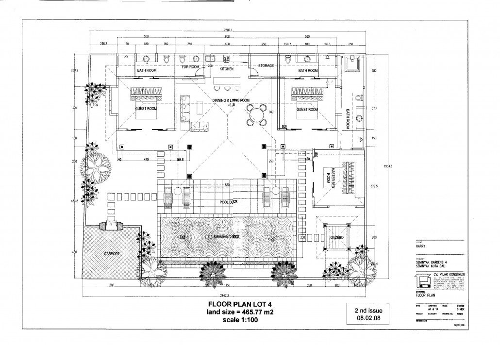 Architectural layout and 3-bedroom floor plan diagram of Villa Olive Seminyak by Villa Bugis, showing the arrangement of bedrooms, pool, and living areas for this villa Seminyak.