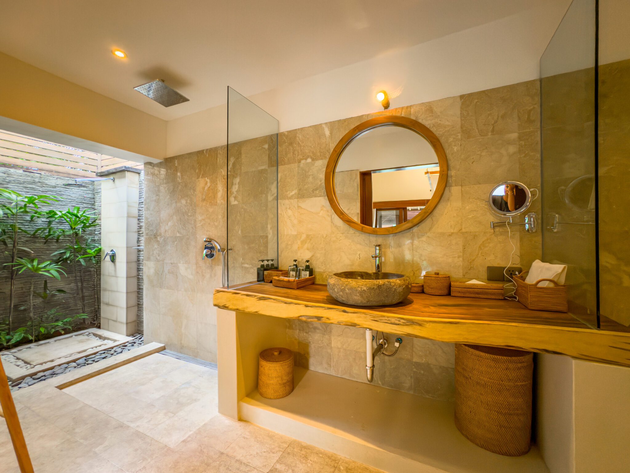 Tropical semi-outdoor ensuite bathroom attached to bedroom 1 at Villa Olive Seminyak by Villa Bugis, offering a unique villa Seminyak experience.