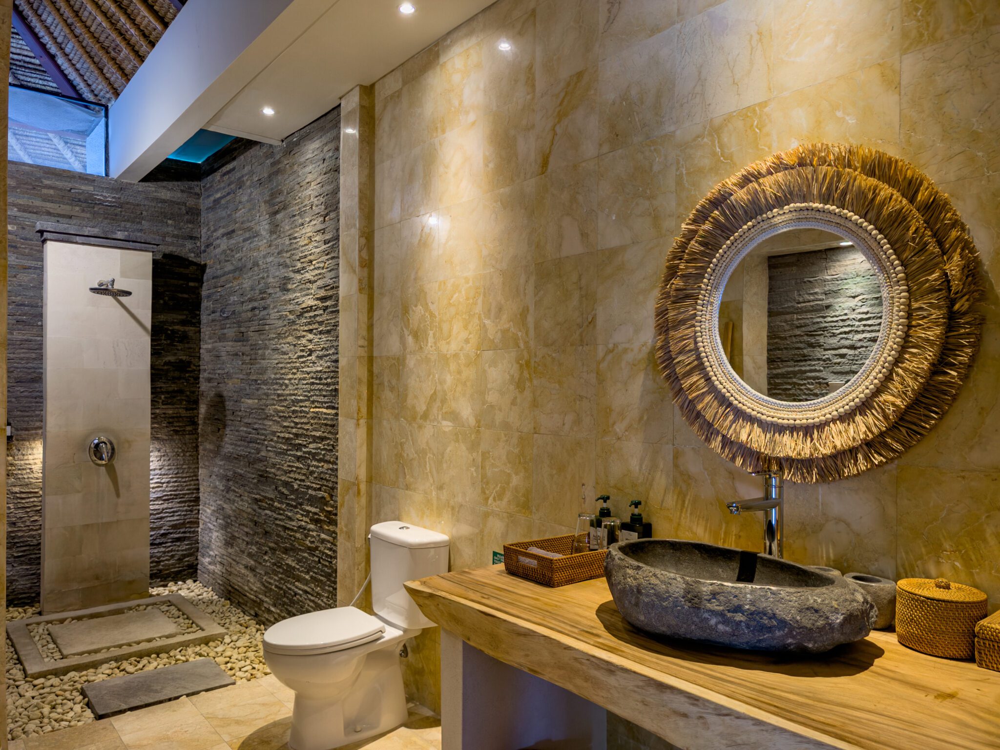Private ensuite bathroom for bedroom 3 at Villa Olive Seminyak by Villa Bugis, featuring a tropical semi-open design villa Seminyak.