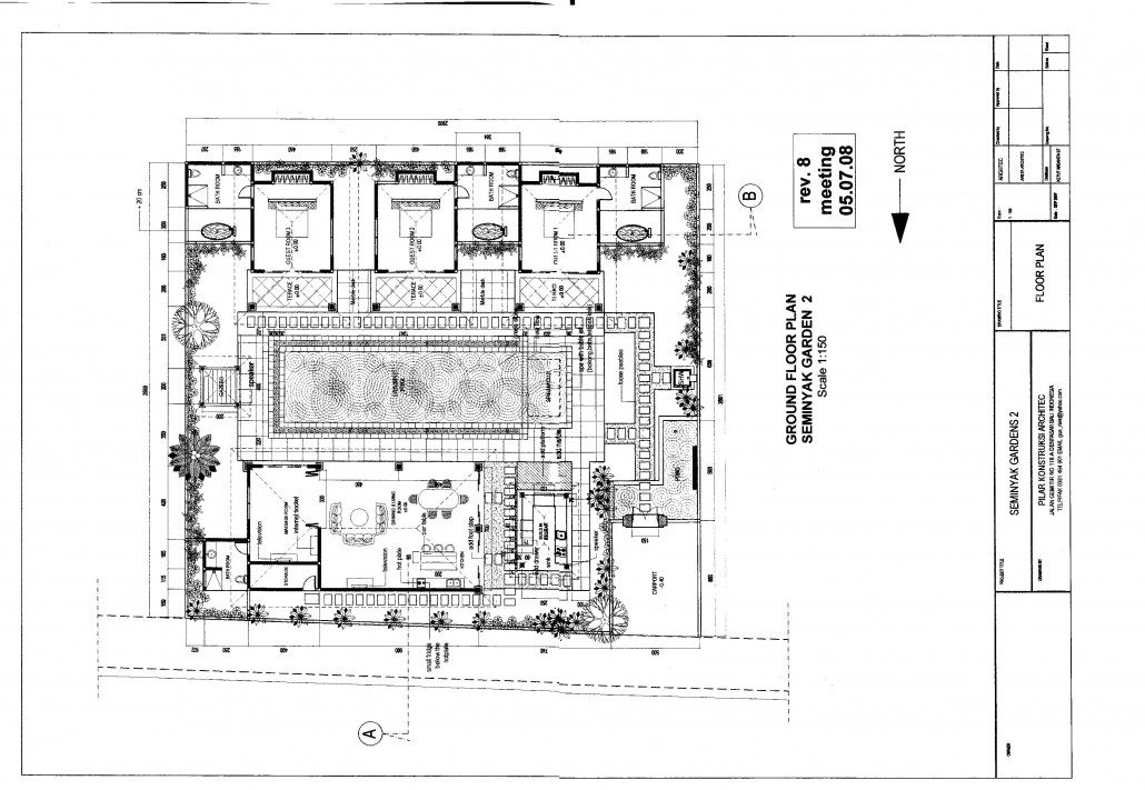 Architectural layout and 4-bedroom floor plan diagram of Villa Santi Seminyak by Villa Bugis, showing the arrangement of bedrooms, pool, and living areas for this villa Seminyak.