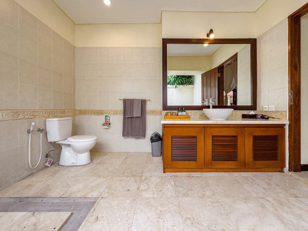 Ensuite open-air tropical shower room for bedroom 3 at Villa Santi Seminyak by Villa Bugis villa Seminyak.
