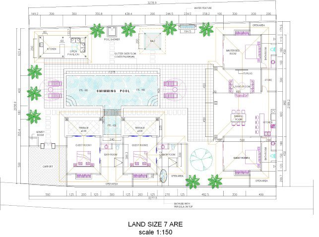 Architectural layout and 4-bedroom floor plan diagram of Villa Saphir Seminyak by Villa Bugis, showing the arrangement of bedrooms, pool, and living areas for this villa Seminyak.