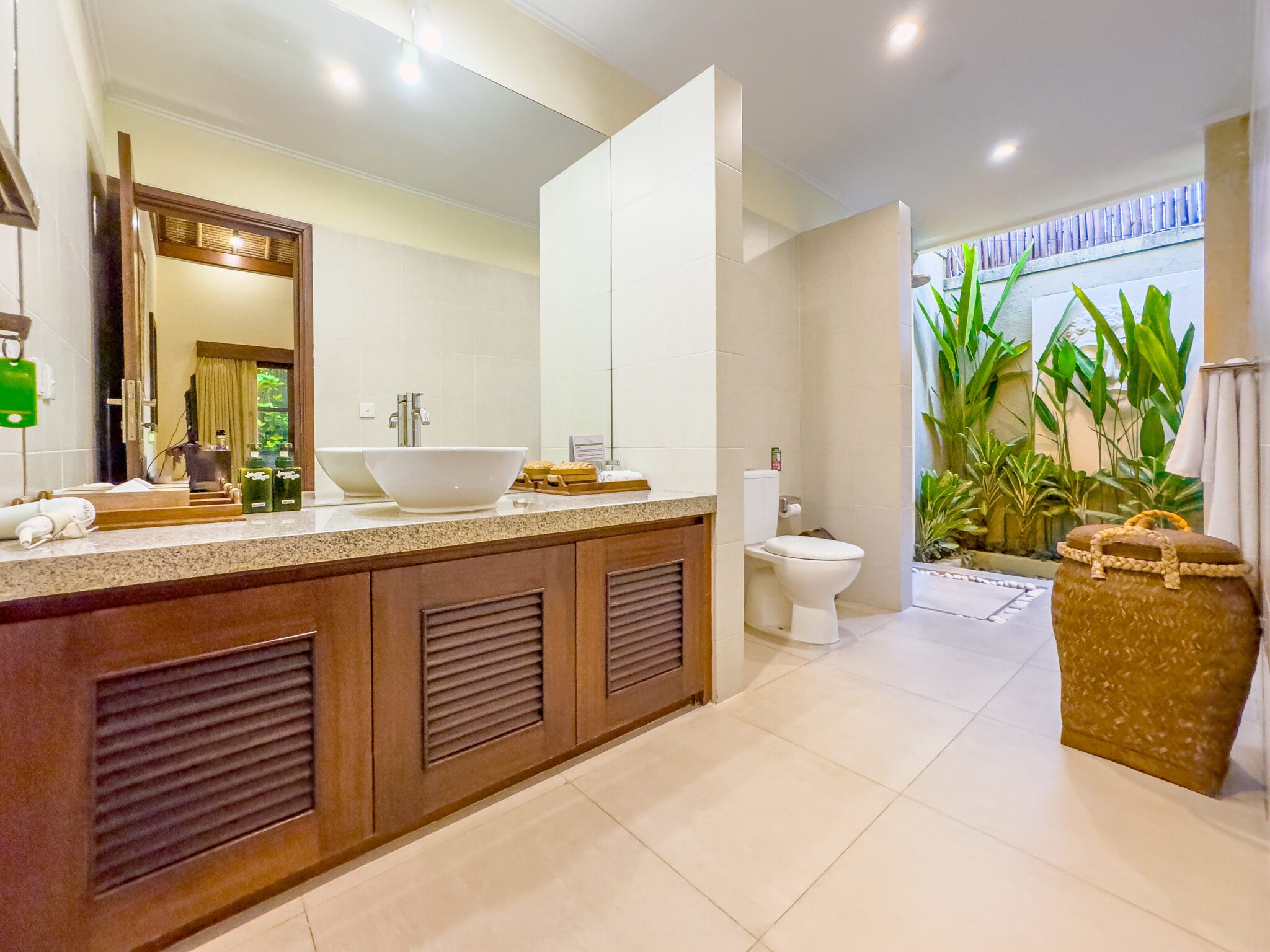 Ensuite open-air tropical shower room for bedroom 3 at Villa Saphir Seminyak by Villa Bugis villa Seminyak.