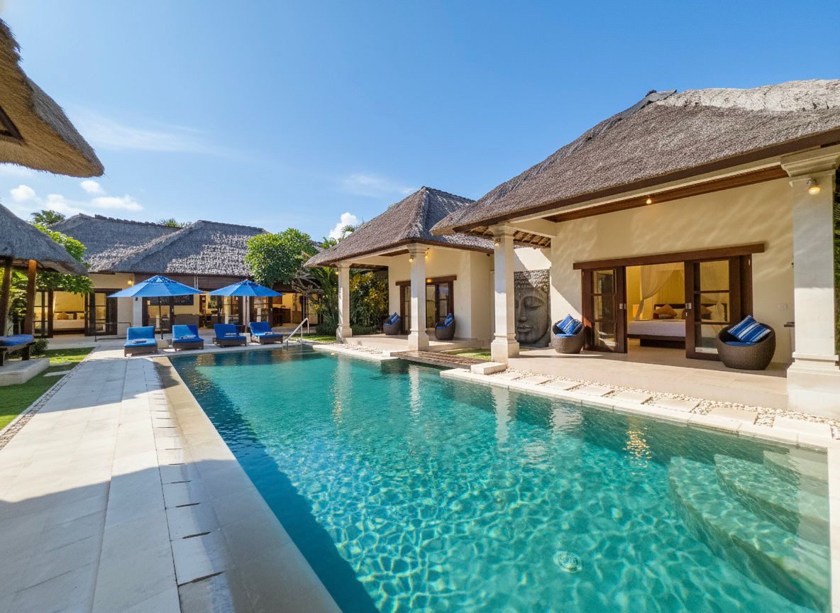 Spacious private swimming pool with wooden decking and tropical plants at Villa Saphir Seminyak