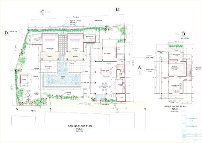 Architectural layout and 5-bedroom floor plan diagram of Villa Tresna Seminyak by Villa Bugis, showing the arrangement of bedrooms, pool, and living areas for this villa Seminyak.