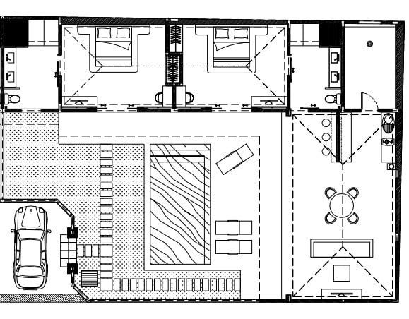Architectural layout and 2-bedroom floor plan diagram of Villa Umah Kupu-Kupu 2 Seminyak by Villa Bugis, showing the arrangement of bedrooms, pool, and living areas for this villa Seminyak.