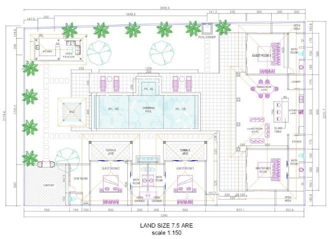 Architectural layout and 4-bedroom floor plan diagram of Villa Vara Seminyak by Villa Bugis, showing the arrangement of bedrooms, pool, and living areas for this villa Seminyak.