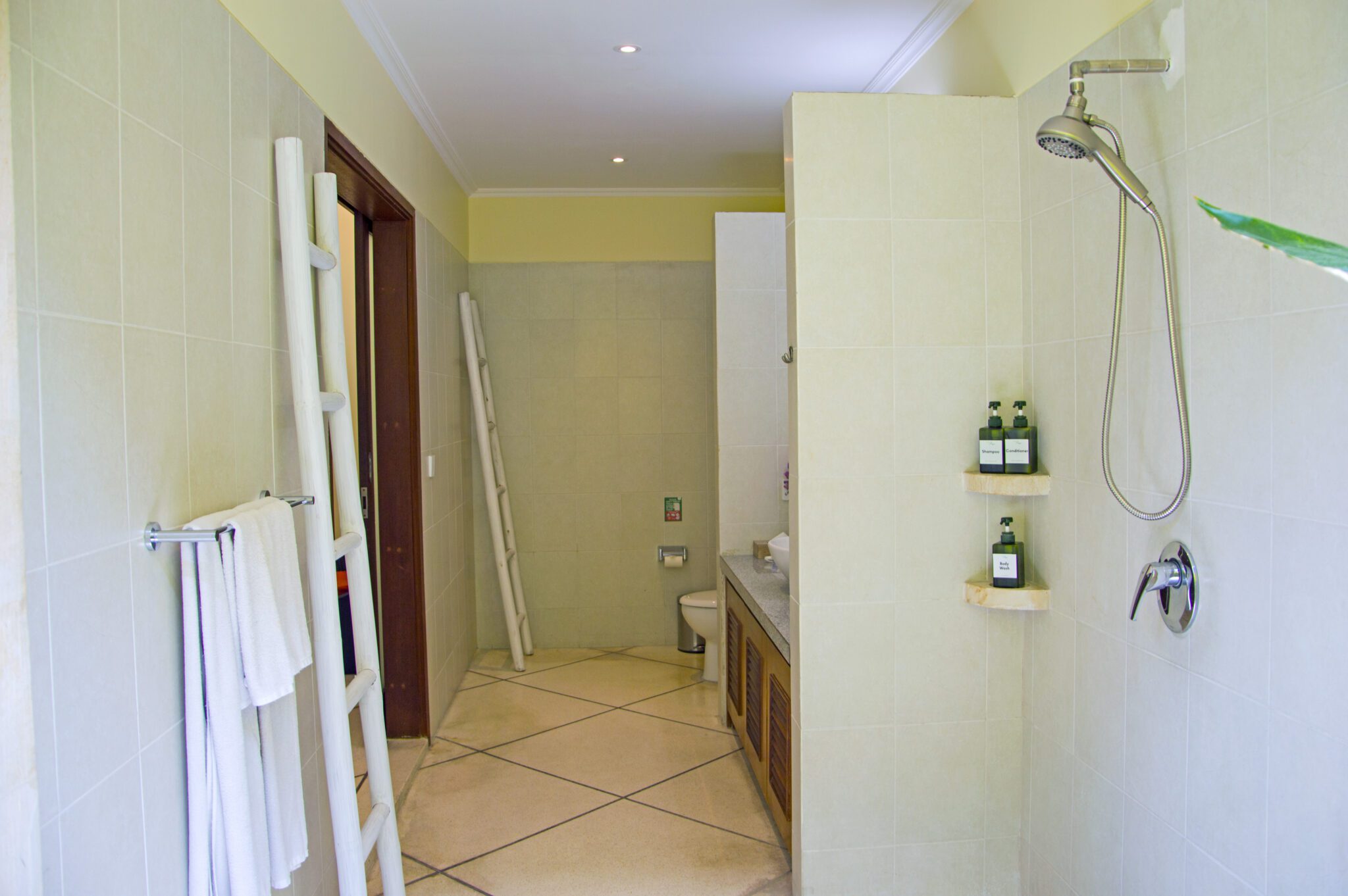 Private open-air ensuite shower room for twin bedroom 4 at Villa Vara Seminyak by Villa Bugis Seminyak villas.