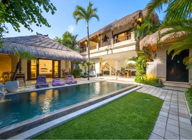 Private villa in Bali with traditional Balinese design, tropical garden, and a warm homey atmosphere.